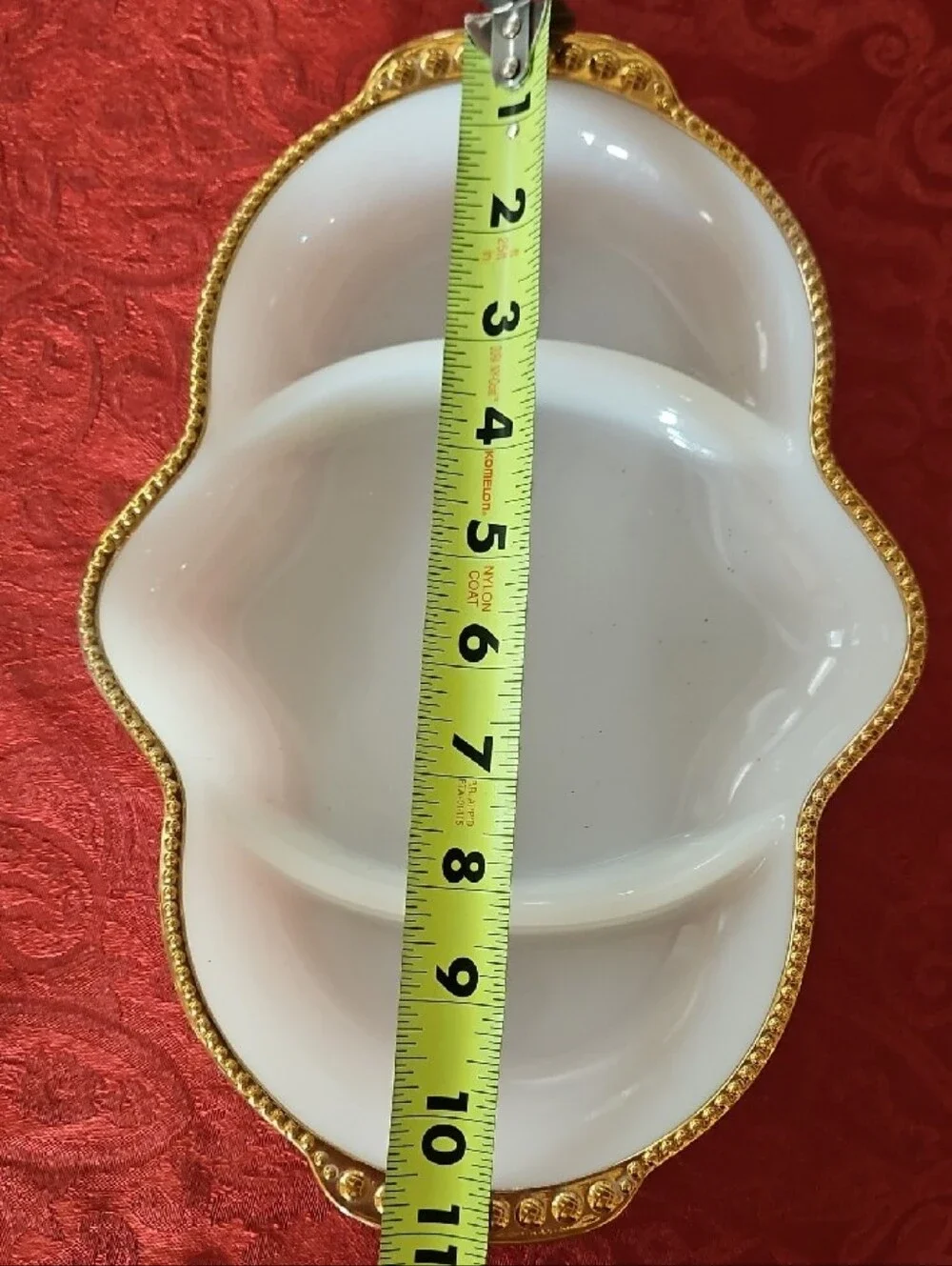 VTG Fire-King Milk Glass 3 Section Divided Relish Dish Gold Scalloped Rim, #1